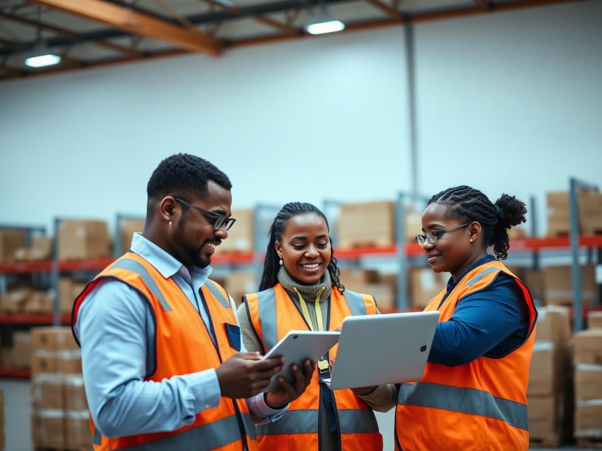 Africlyde warehouse team reviewing inventory data on tablets